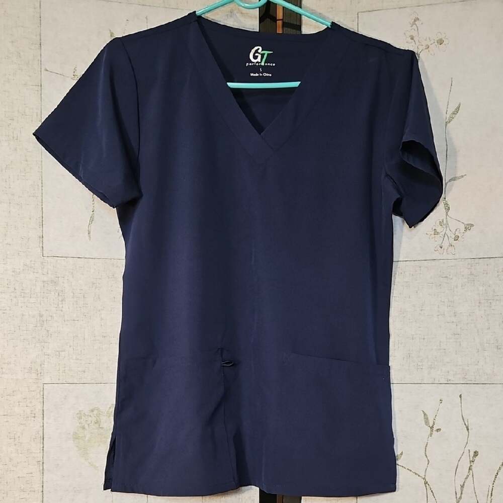 Deep Navy Blue Short Sleeve Tee with V-neck and Teal Detail